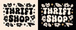 © Pictandra - Thrift shop store second hand sustainable fashion small business logo sign. Floral groovy wavy rounded letters retro vintage 80s aesthetic women shirt design printable vector cut file.