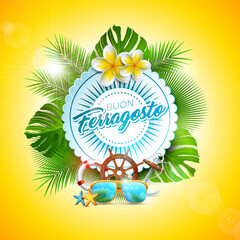 Wall Mural - Buon Ferragosto Italian Summer Holiday Festival Design with Flower, Summer Holiday Elements and Typography Letter on Yellow Background. Vector Italy Language Illustration for Banner, Flyer, Invitation