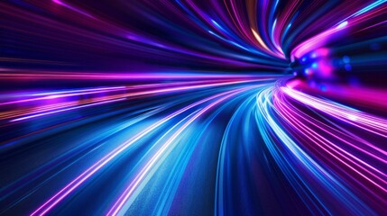 Wall Mural - Panoramic high-speed technology concept: light abstract background with speed motion on road in blue and purple neon glow colors, representing futuristic innovation and digital advancement


