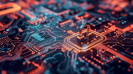 Wall Mural - Secure padlock on circuit board depicting cybersecurity and digital data protection, symbolizing online security, privacy, and technological safeguards in modern computing systems


