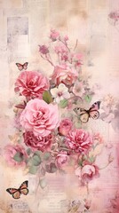 Canvas Print - Wallpaper ephemera pale rose painting pattern flower.