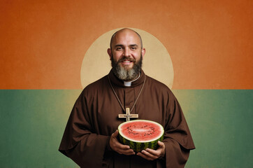 smiling friar with habit and gray beard showing a large slice of watermelon in front of a neutral colored background