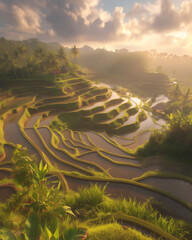 Wall Mural - a tranquil rice terrace landscape with lush greenery and palm trees under a soft morning light