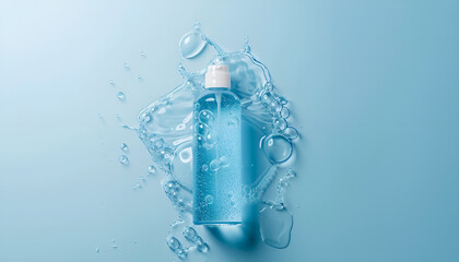 Wall Mural - Bottle of face cleansing product in water against light blue background, top view