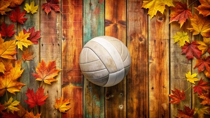Wall Mural - Autumn colors background faded volleyball tournament poster with distressed wooden textures, bold retro typography, and vintage-inspired decorative elements.