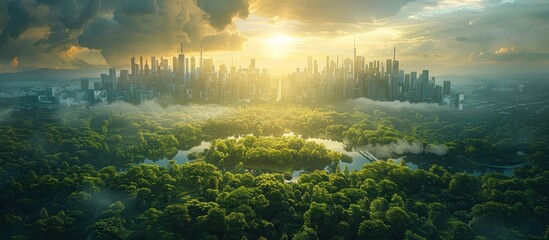 Poster - Cityscape Skyline with Lush Forest and Sunset