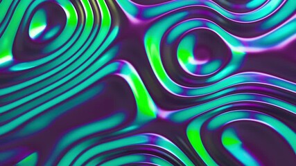 Poster - Abstract holographic neon wavy surface background. Foil with wave and ripples. Ultraviolet iridescent backdrop. Seamless loop 4k animation