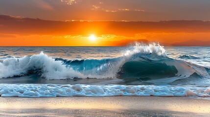Wall Mural - Sunset over ocean waves, warm hues reflecting on water, close-up of surf, more clarity with clear light and sharp focus, high detailed