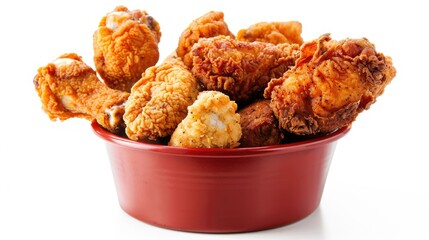 Wall Mural - Assorted fried chicken pieces, nuggets, and crispy skin in a bucket, isolated on white background with clipping path, highlighting crunch