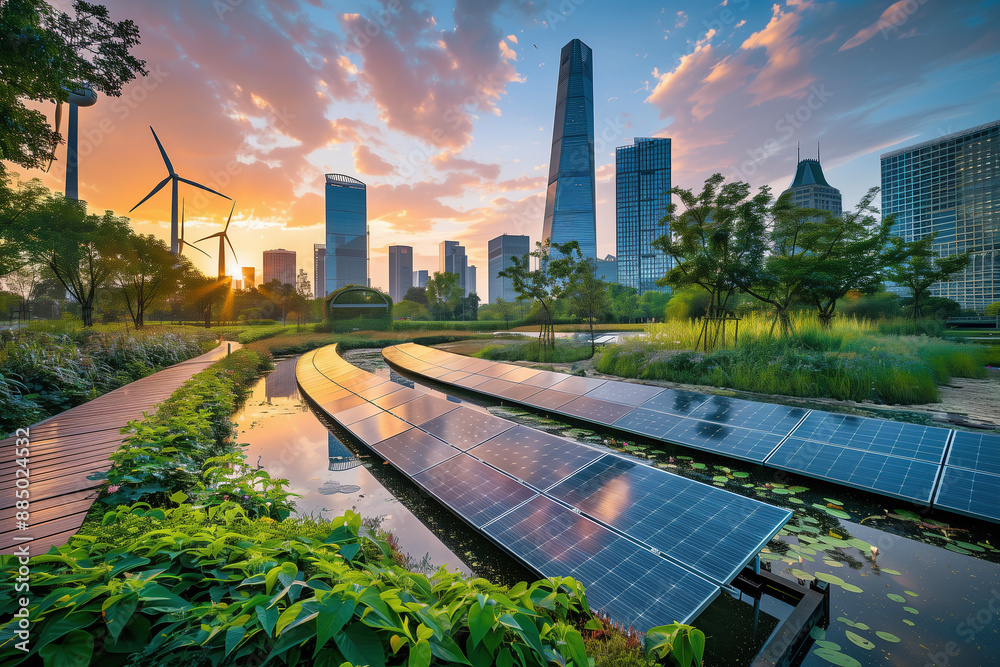 Solar panels and wind turbines in a green urban park with a city ...