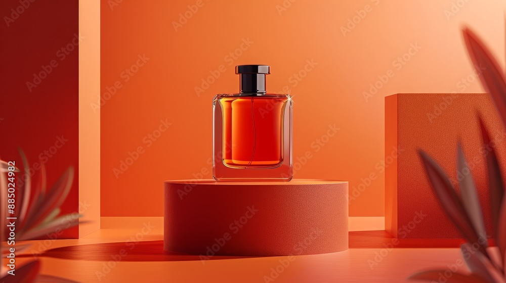 A 3D rendering of a perfume bottle on a bright orange podium. The clean ...