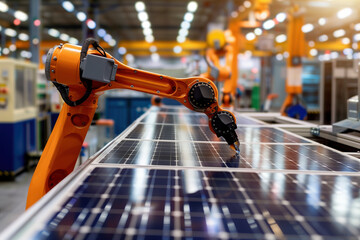 Wall Mural - Close-up of a robotic arm working with precision on a solar panel assembly line in a factory, demonstrating advanced manufacturing in renewable energy.