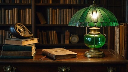 Wall Mural - An antique brass table lamp with a green glass shade