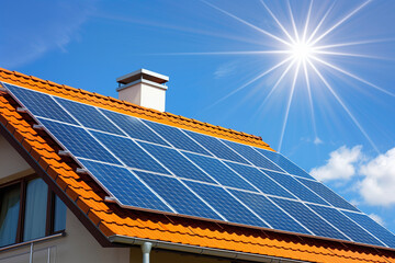 Wall Mural - Solar panels installed on a red roof under a bright sun and clear blue sky, showcasing renewable energy efficiency.