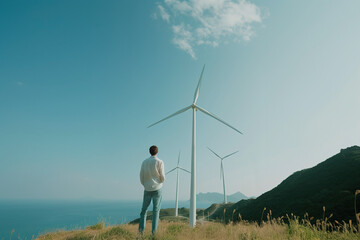 a man stands on a hill near the sea, looking at multiple wind turbines under a clear blue sky, symbo