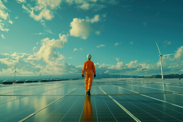 Wall Mural - An engineer in an orange jumpsuit and hard hat walks among solar panels and wind turbines under a vibrant sky, showcasing renewable energy. Sustainable energy concept. 