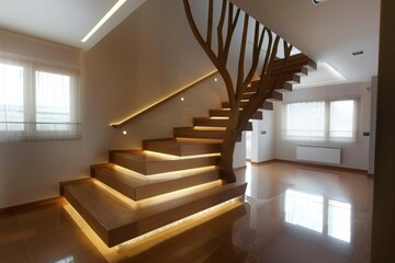 Wall Mural - Stairs In House. Modern Natural Ash Tree Wooden Stairs in Bright New Interior