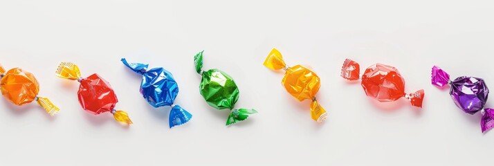 Sweet candies wrapped in vibrant, colorful wrappers arranged in a line on a white background, highlighting their bright and festive appearance