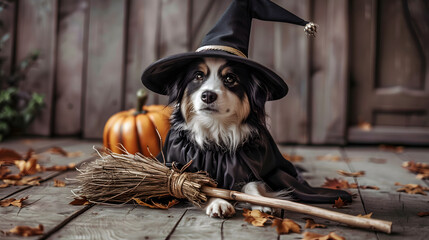 Sticker - Cute Dog in Witch Costume with Broom for Halloween Fun