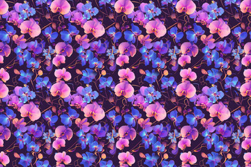 Poster - A seamless pattern featuring vibrant blue and pink orchids with intricate details on a dark background.