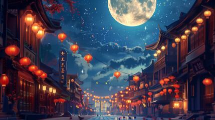 Wall Mural - Mid-autumn festival background banner, city street scene decorated with lanterns and traditional ornaments, Ai generated Images