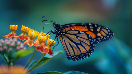 Wall Mural - A beautiful butterfly rests on a colorful flower, showcasing the vibrant beauty of nature. Suitable for nature-themed designs and environmental awareness promotions.