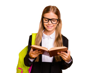 Poster - Portrait  of trendy kid hold hand textbook read have bag backpack rucksack isolated over yellow background