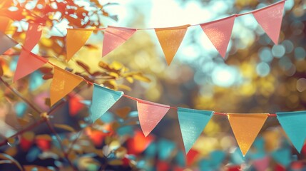 Colorful Bunting Flags Hanging in Nature