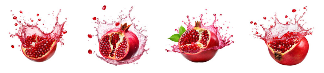 Wall Mural - Pomegranates with red juice splash. Fresh organic fruit png cutout set isolated on transparent background