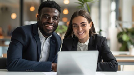 Collaborative Teamwork - Two Diverse Businesspeople Smiling while Working on Laptop Together