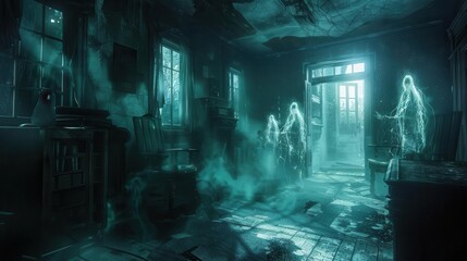 augmented reality horror game concept dark atmospheric scene with ghostly apparitions emerging from everyday objects eerie lighting and glitchy digital effects create a sense of unease