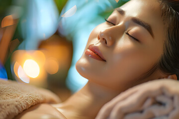 Sticker - close up portrait of an asian woman relaxing in salon while getting a treatment. beauty and spa ads marketing image for websites, flyer and posts.