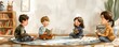 © Ytnart - Illustration of children sitting in a circle, reading books together. Cozy and educational home setting.