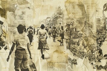 Wall Mural - Crowded shopping scene ephemera border backgrounds drawing collage.