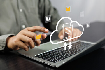 Aufkleber - Businessman using computer laptop and dashboard for data management with computer showcasing a cloud-based documentation system for efficient digital file storage,online documentation technology