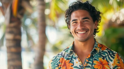 charismatic portrait of a handsome young man in a vibrant hawaiian shirt flashing a brilliant smile sunkissed skin and tousled hair complete his carefree beach look against a tropical backdrop