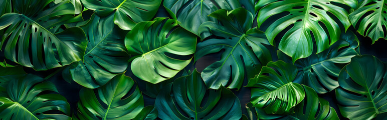 Flat lay of fresh monstera leaves creating a vibrant green pattern with their unique shapes and textures