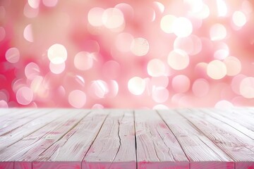 Wall Mural - Valentine Table. Empty White Wood Desk on Blurred Pink Bokeh Lights Wall Background