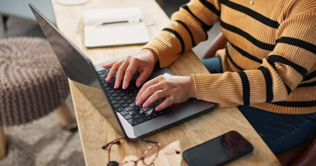 Aufkleber - Woman, hands and copywriter with laptop in closeup for remote work, communication and planning at home. Female person, freelancer and computer for research, article feedback and email submission