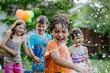 © niti - Parents and kids having a water balloon fight in the backyard, laughter, summer fun, bonding