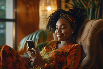 Poster - African woman sending voice message on mobile phone Afro woman sitting in armchair and using smart phone