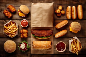 Wall Mural - Artistic Flavors: Creative Montage of Fast Food Packaging on Rustic Wooden Table