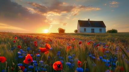 Poster - An array of solar panels collect green energy from the sun on the roofs of Dutch homes surrounded by poppy fields and nature. A Dutch house surrounded by greenery and poppy flowers.