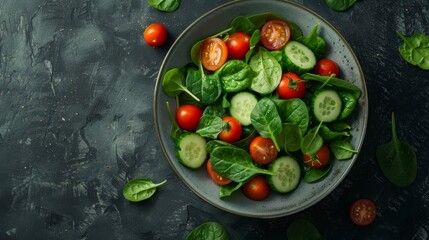 Poster - Spinach leaves, cherry tomatoes, lettuce, cucumbers, and other vegetables can be found in a salad bowl with a white background.
