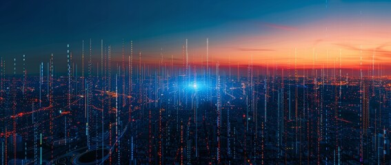 Poster - Double exposure shows wavy blue digital wires with antennas against a night city skyline depicting a concept of big data and smart cities.