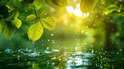 Poster - This abstract blurred transparent green colored clear calm water surface texture features splashes and bubbles. On a swimming pool surface, green ripples appear.