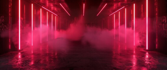 Leinwandbilder - Smoke bombs, stadium lights, an empty dark scene, neon lighting, spotlights, concrete floors with smoke floating up the textures, and a night view of products on display.