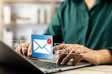 Business email communication in the digital age new messages and alerts. Inbox with email Marketing Strategy and Notifications. internet technology. businessman using smartphone with email.