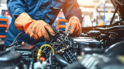 technician hands of car mechanic working repair in auto repair service electric battery