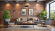 © DigitalArt Max - Contemporary living room with sleek furniture, exposed brick wall, and minimalist square frame art mockup generated by innovative algorithms.